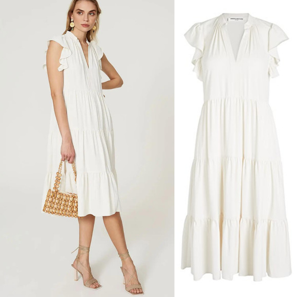 Amanda Uprichard Dresses & Skirts - Amanda Uprichard Sheradin Flutter Sleeve Tiered Dress Off White Pockets Size S